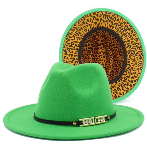 Women Men Vintage Cotton Blend Fedora Hat Leopard Print Lining Two Tone Wide Brim Jazz Hat With Rhinestone Metal Buckle