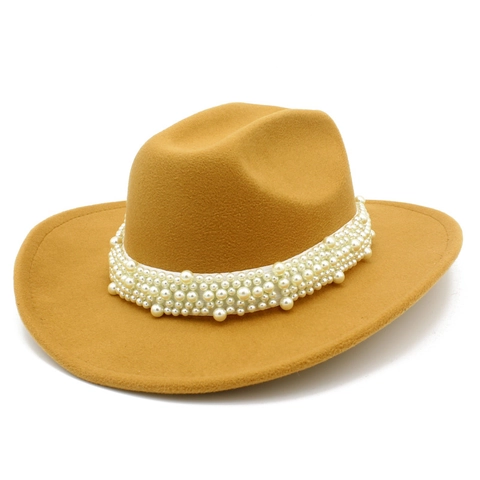 Cotton Blend Felt Fedora Hat With Artificial Pearl Decor Wide Brim Vintage Western Cowboy Hat For Women Winter Warm Jazz Hat