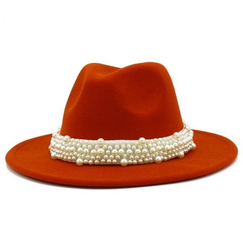Elegant Artificial Pearl Decorated Wide Brim Fedora Hat For Women British Style Lightweight Polyester Felt Jazz Hat Party Sun Hat