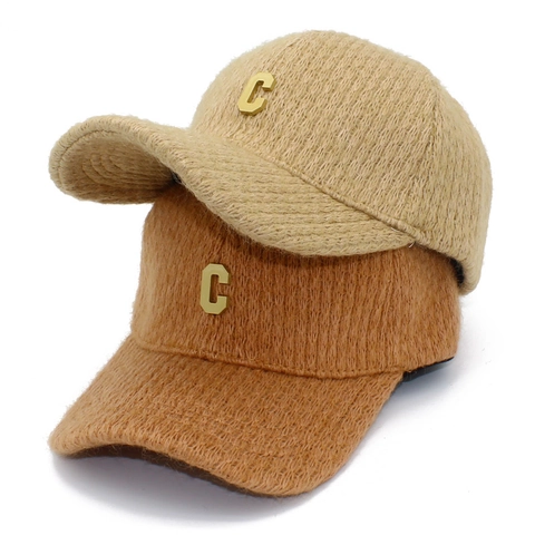 Damen Gestrickte Baseballkappe Dicke Warme Wintermütze Mit Metallbuchstabe C Dekoration Mode Vintage Einfarbig Reisemütze