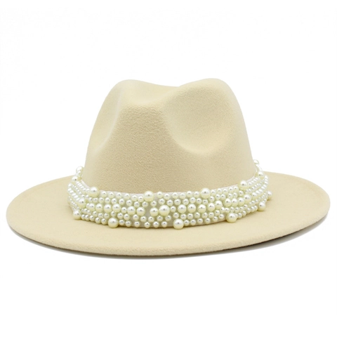Elegant Women Wide Brim Woolen Felt Fedora Hat With Heavy Artificial Pearl Inlay Decoration Party Wedding British Style Jazz Cap