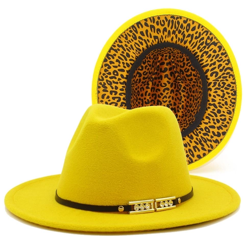 Women Men Vintage Cotton Blend Fedora Hat Leopard Print Lining Two Tone Wide Brim Jazz Hat With Rhinestone Metal Buckle