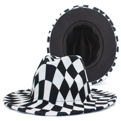Checkerboard Wide Brim Fedora Jazz Hat Vintage Cotton Polyester Felt Cap For Men Women Trendy Winter Fashion Accessory