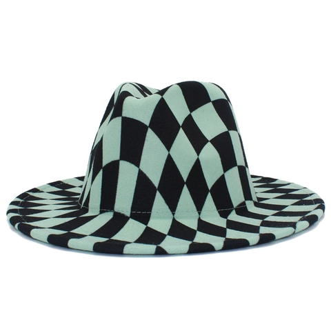 Checkerboard Wide Brim Fedora Jazz Hat Vintage Cotton Polyester Felt Cap For Men Women Trendy Winter Fashion Accessory