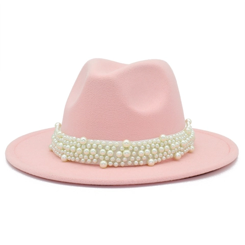 Elegant Artificial Pearl Decorated Wide Brim Fedora Hat For Women British Style Lightweight Polyester Felt Jazz Hat Party Sun Hat