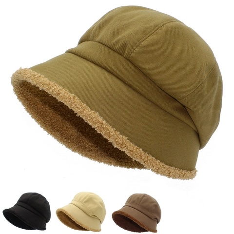 Women Japanese Vintage Cotton Octagonal Beret Hat Winter Warm Sherpa Lined Newsboy Cap Solid Color Thickened Fisherman Hat