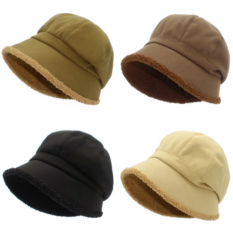 Women Japanese Vintage Cotton Octagonal Beret Hat Winter Warm Sherpa Lined Newsboy Cap Solid Color Thickened Fisherman Hat