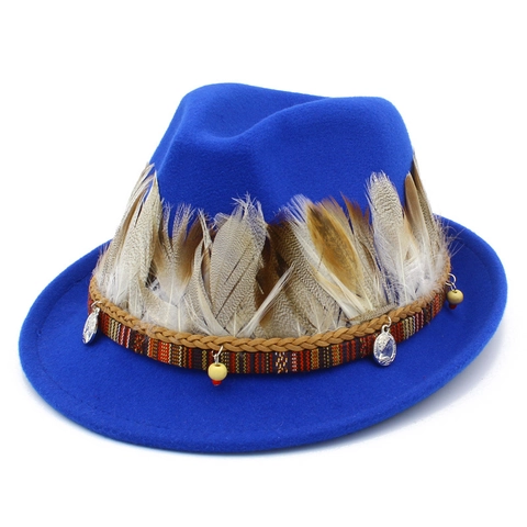 Cappello Fedora Etnico Con Decorazione Di Piume Vintage In Feltro Jazz Hat Per Uomo Donna Boho A Tesa Larga Con Ciondoli In Metallo
