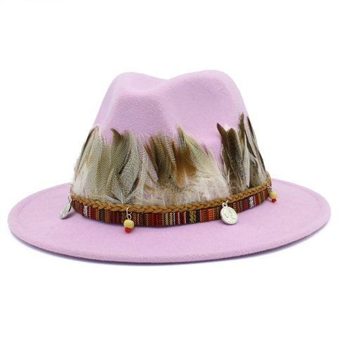 Bohemian Wide Brim Fedora Hat With Feather Decoration Ethnic Braided Band Coin Pendant Cotton Polyester Felt Jazz Hat