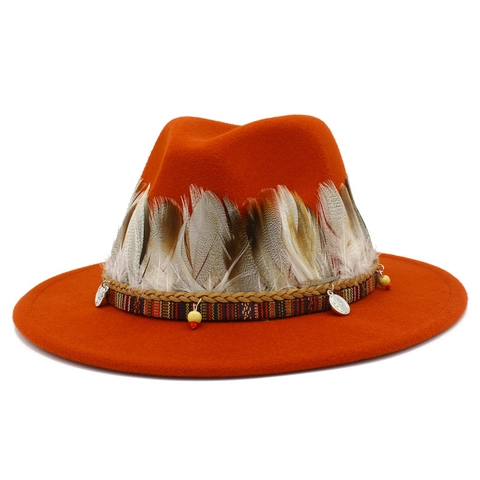Bohemian Fedora Hat For Women Men Vintage Wide Brim Polyester Felt Hat With Feathers Ethnic Woven Band Coin Pendant Panama Jazz Hat