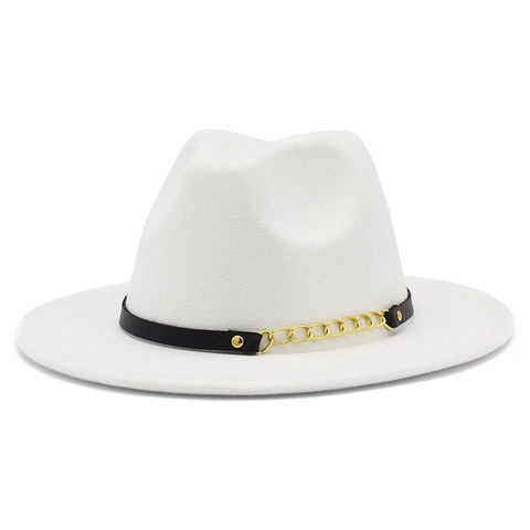 Classic Woolen Fedora Hat For Women Wide Brim Jazz Hat With Gold Metal Chain And Leather Belt Elegant Retro Solid Color Winter Autumn Sun Hat