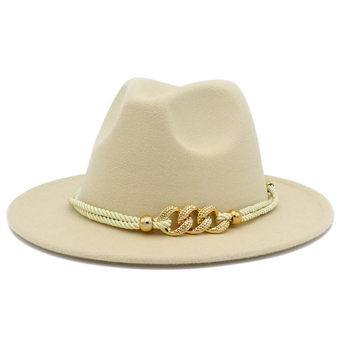 Vintage Fedora Hat For Men Women Polyester Felt Jazz Hat With Gold Chain Wide Brim Sun Hat British Style Outdoor Travel Headwear