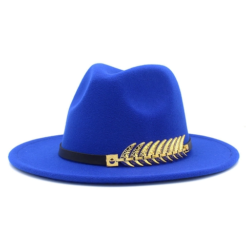 Vintage Unisex Lightweight Fedora Hat Faux Wool Polyester Jazz Hat With Gold Leaf Metal Decoration Wide Brim Retro Party Cap