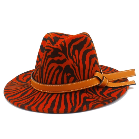 Zebra Print Fedora Hat Wide Brim Cotton Polyester Jazz Hat With Leather Belt Decor Vintage Outdoor Travel Sun Hat