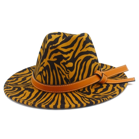 Zebra Print Fedora Hat Wide Brim Cotton Polyester Jazz Hat With Leather Belt Decor Vintage Outdoor Travel Sun Hat