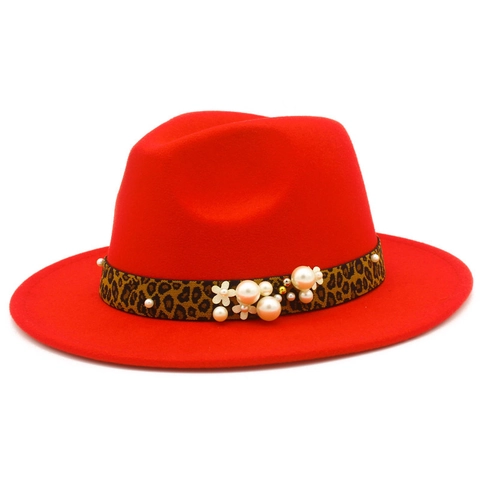 Women's Wide Brim Fedora Hat Leopard Print Ribbon Artificial Pearl Flower Decor Lightweight Polyester Felt Cap Elegant Formal Hat
