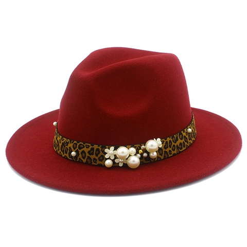 Women's Wide Brim Fedora Hat Leopard Print Ribbon Artificial Pearl Flower Decor Lightweight Polyester Felt Cap Elegant Formal Hat