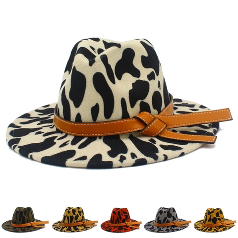 Cow Leopard Print Fedora Hat Western Cowboy Hat Wide Brim Woolen Felt Jazz Hat With Leather Band For Men Women Party Performance
