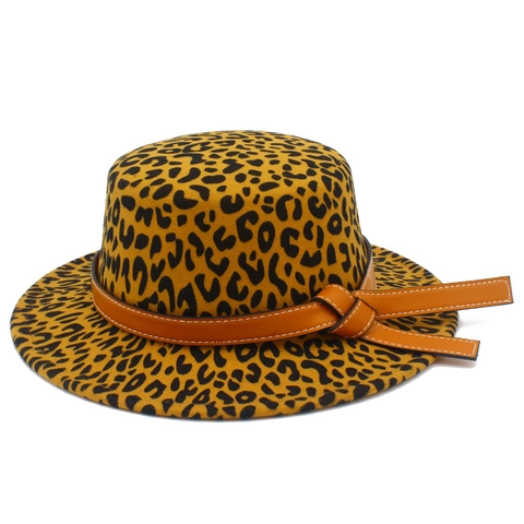 Retro Leopard Print Flat Top Fedora Hat Wide Brim Cotton Blend Jazz Cap With Leather Band Decorative Buckle Unisex Headwear
