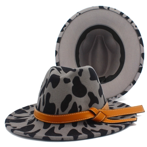 Cow Leopard Print Fedora Hat Western Cowboy Hat Wide Brim Woolen Felt Jazz Hat With Leather Band For Men Women Party Performance