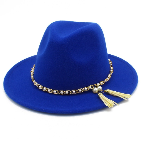 Women Wide Brim Fedora Hat With Artificial Pearl Chain Tassel Decoration Elegant Wool Felt Jazz Hat Vintage British Style Winter Hat