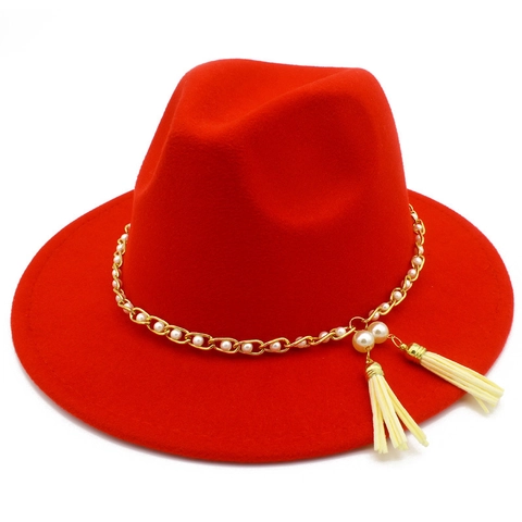 Women Wide Brim Fedora Hat With Artificial Pearl Chain Tassel Decoration Elegant Wool Felt Jazz Hat Vintage British Style Winter Hat
