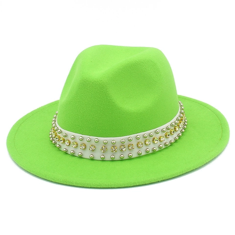 Cappello Fedora a Tesa Larga per Uomo Donna Stile Vintage Misto Lana Jazz Hat Con Rivetti in Metallo Strass Fascia Bianca