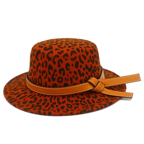 Retro Leopard Print Flat Top Fedora Hat Wide Brim Cotton Blend Jazz Cap With Leather Band Decorative Buckle Unisex Headwear
