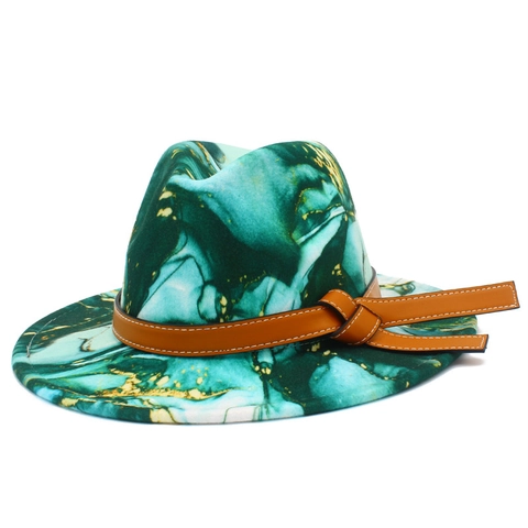 Sombrero Fedora de Ala Ancha para Mujeres Hombres Mármol Abstracto Tie Dye Sombrero de Jazz de Lana Con Banda de Cuero Fiesta