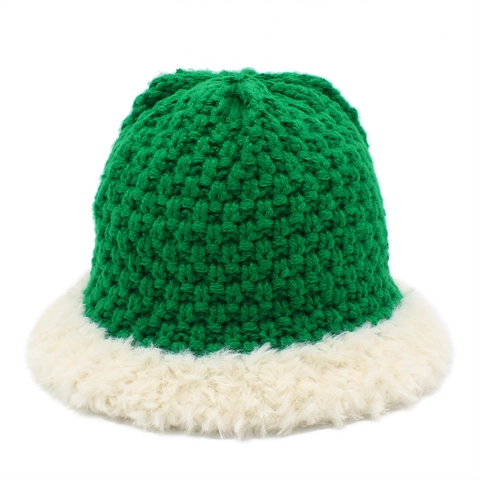 Winter Warm Knitted Bucket Hat For Women Japanese Retro Patchwork Plush Fisherman Cap Windproof Outdoor Cold Weather Hat