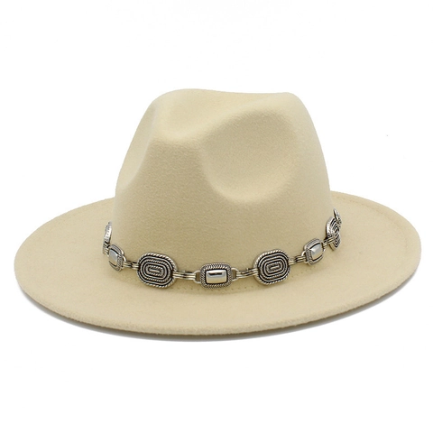 Western Cowboy Fedora Hat For Men Women Wide Brim Cotton Blend Woolen Felt Jazz Hat With Vintage Metal Chain Ethnic Style Hat