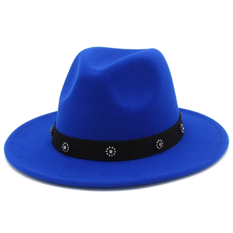 Vintage Wide Brim Fedora Hat For Women Men Polyester Wool Texture Jazz Hat With Black Rhinestone Flower Band Elegant Cap
