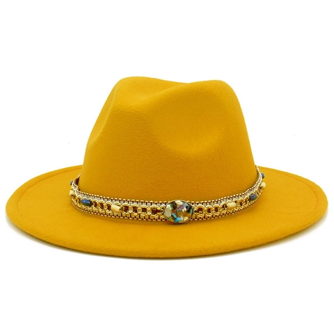 Classic Polyester Felt Fedora Hat With Bohemian Beaded Metal Chain Belt Wide Brim Jazz Hat For Men Women Party Daily Decor