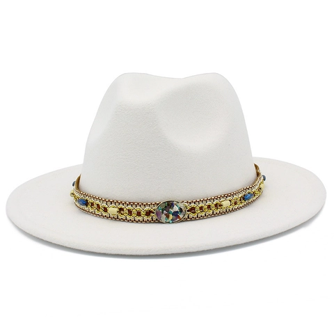 Classic Polyester Felt Fedora Hat With Bohemian Beaded Metal Chain Belt Wide Brim Jazz Hat For Men Women Party Daily Decor
