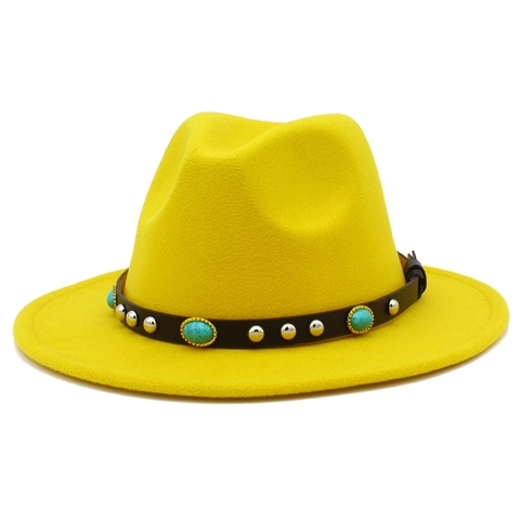 British Style Lightweight Polyester Felt Fedora Hat With Turquoise Leather Belt Bohemian Jazz Hat For Party Travel Unisex
