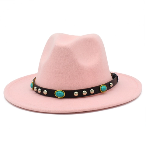 Vintage Woolen Fedora Hat With Turquoise Leather Belt Rivets Wide Brim Jazz Gentleman Hat For Party Travel Men Women