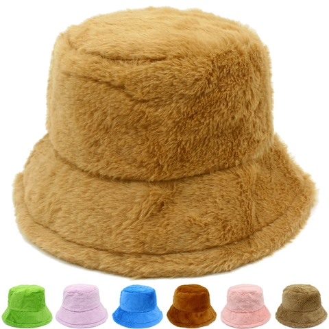 Sombrero de Pescador de Piel Sintética Cálido de Invierno para Mujer Color Sólido Peluche Gorro de Sol Suave para Exterior