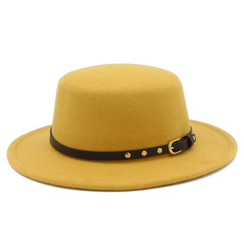 Vintage Flat Top Boater Hat For Women Elegant Wide Brim Woolen Fedora With Leather Rivet Band Fashion Outdoor Jazz Hat