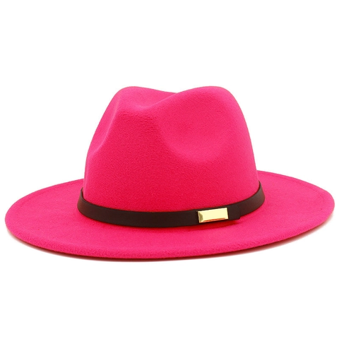 British Style Wide Brim Fedora Hat For Women Men Solid Color Polyester Wool Felt Jazz Hat With Belt Buckle Vintage Party Hat
