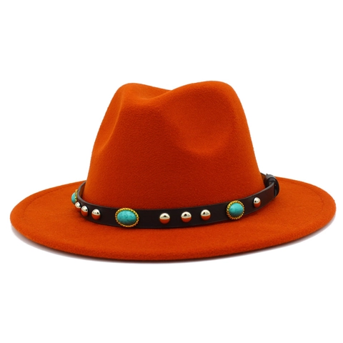 British Style Lightweight Polyester Felt Fedora Hat With Turquoise Leather Belt Bohemian Jazz Hat For Party Travel Unisex