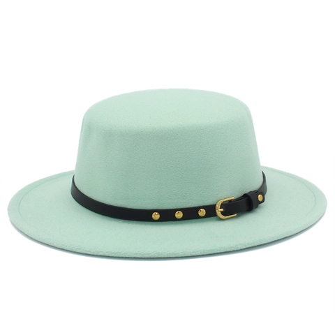 Vintage Flat Top Boater Hat For Women Elegant Wide Brim Woolen Fedora With Leather Rivet Band Fashion Outdoor Jazz Hat