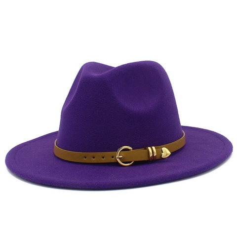 Vintage Wide Brim Fedora Hat For Women Men Heart Pendant Leather Belt Woolen Felt Jazz Hat Solid Color Fashion Panama Hat