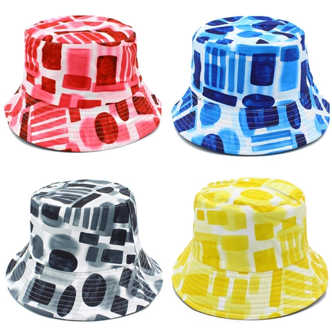 Fashion Unisex Abstract Geometric Print Bucket Hat Cotton Canvas Sun Protection Outdoor Travel Fisherman Hat One Size