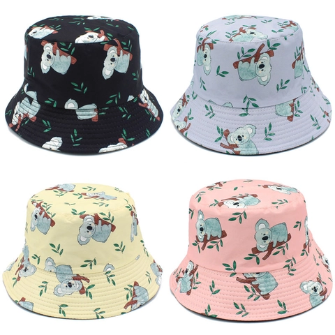 Dames Casual Katoenen Vissershoed Met Cartoon Koala Print Zonbescherming Brede Rand Outdoor Zomer Zonnehoed Voor Vakantie