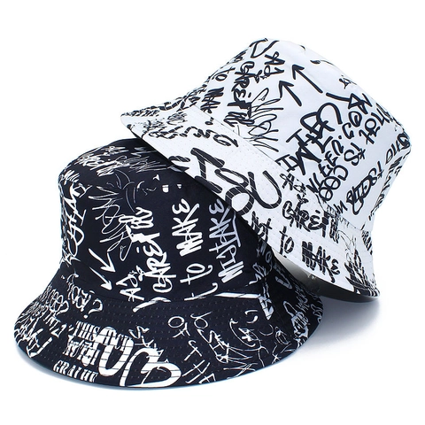 Cappello da Pescatore Graffiti Street Style Uomo Donna Cotone Stampa Lettere Protezione Solare Pieghevole Casual Cappello Estivo Outdoor
