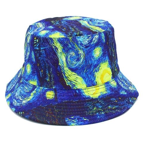 Cappello alla Pescatora Reversibile Vintage Pittura a Olio Van Gogh Notte Stellata Floreale Donna Uomo Cotone Moda Sole