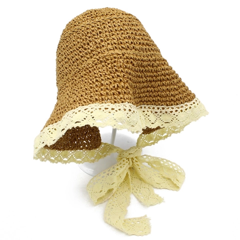 Chapeau de Pêcheur en Paille d'Été pour Femmes Avec Nœud en Dentelle Style Pastoral Doux Protection Solaire Respirant