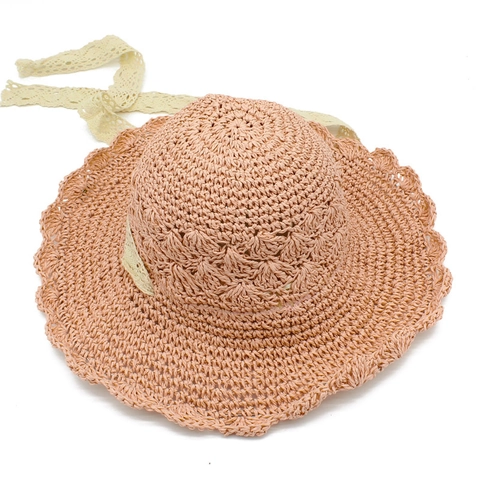 Women Foldable Hand Crochet Straw Sun Hat With Lace Ribbon Bow Beach Travel Summer Wide Brim Wavy Edge Breathable Floppy Hat