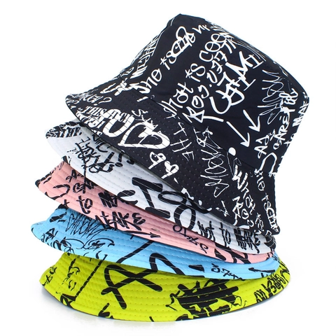 Cappello da Pescatore Graffiti Street Style Uomo Donna Cotone Stampa Lettere Protezione Solare Pieghevole Casual Cappello Estivo Outdoor