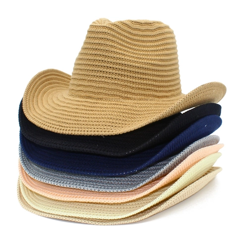 Unisex Knitted Western Cowboy Hat Wide Brim Breathable Sun Protection Jazz Fedora Hat Retro Style Summer Travel Outdoor Hat